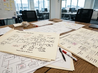Hand-drawn system diagrams and flow sketches spread across a meeting table