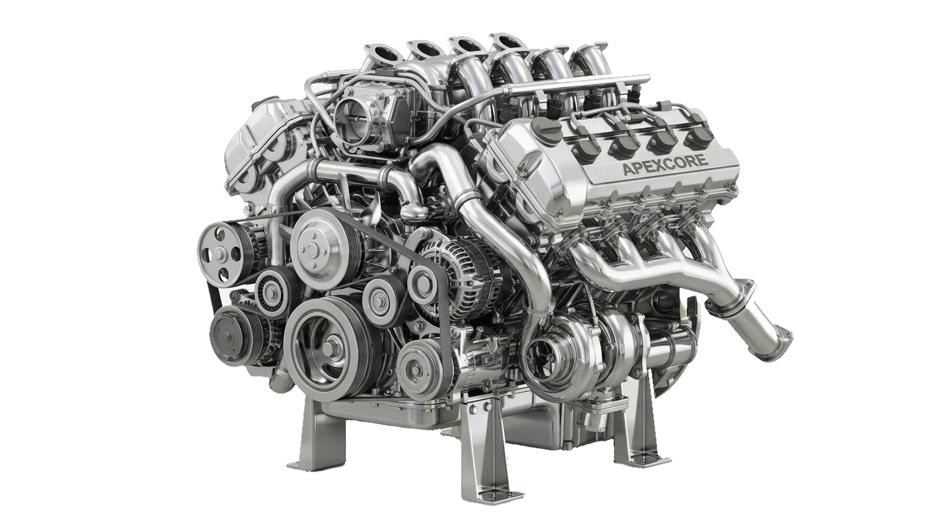 A chrome V8 engine on a stand, its cam cover stamped APEXCORE