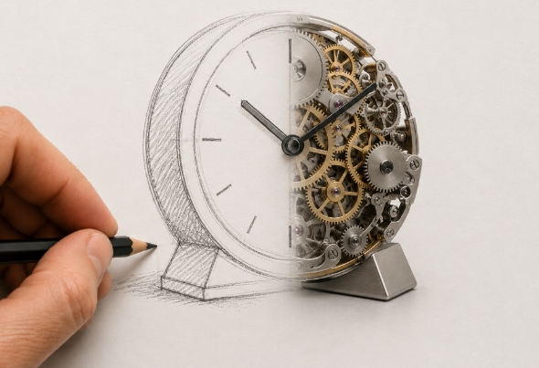 A hand sketching a clock, the drawing becoming the finished object
