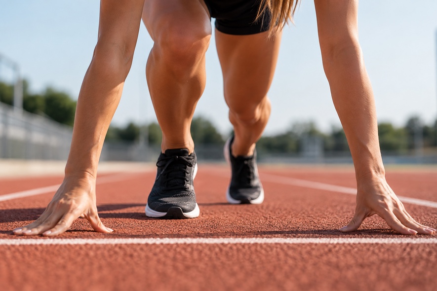 A runner crouched at the starting line on a track